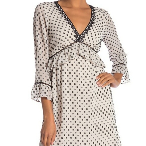 Max Studio Polka Dot Peplum V Neck Ruffle Dress Lace Trim Elastic Waist Sz L - Picture 13 of 13